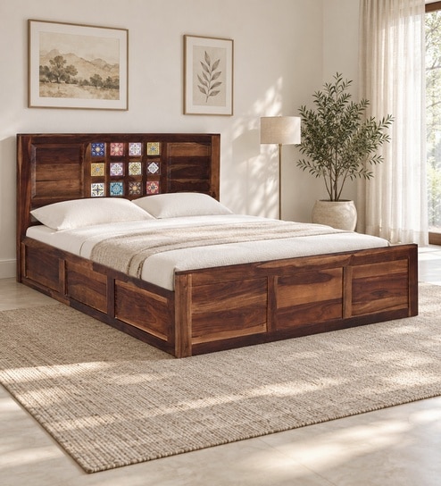 Siramika Sheesham Wood Queen Size Bed In Provincial Teak Finish With Hydraulic Storage