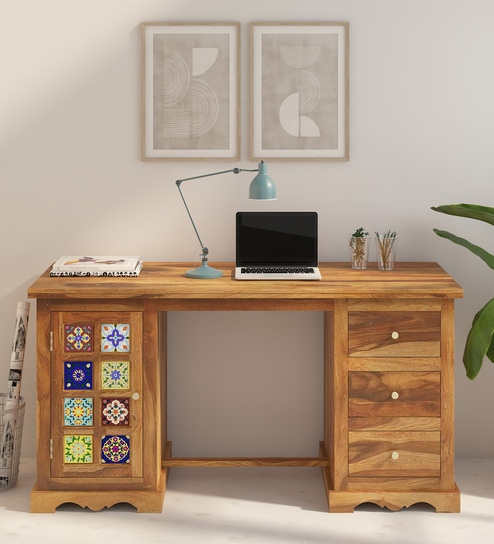Siramika Sheesham Wood Writing Table In Rustic Teak Finish