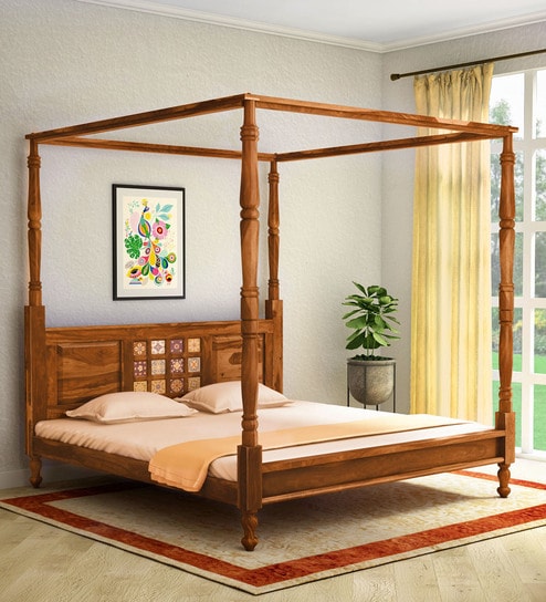 Siramika Solid Wood Poster Bed In Rustic Teak Finish By Mudramark