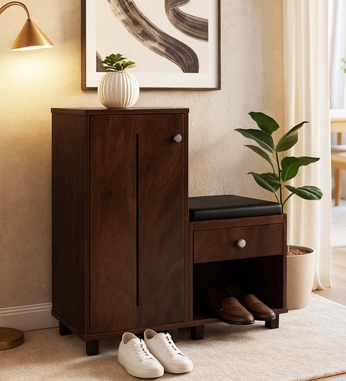 Sit & Stow 12-Pairs Shoe Cabinet In Classic Walnut Finish With Seating