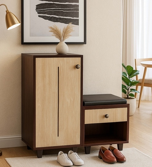 Sit & Stow 12-Pairs Shoe Cabinet In Walnut and Oak Finish Finish With Seating