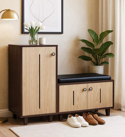 Sit & Stow 16-Pairs Shoe Cabinet In Brown teak And Oak Finish With Seating