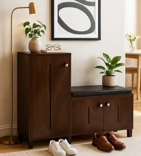 Sit & Stow 16-Pairs Shoe Cabinet In Classic Walnut Finish With Seating