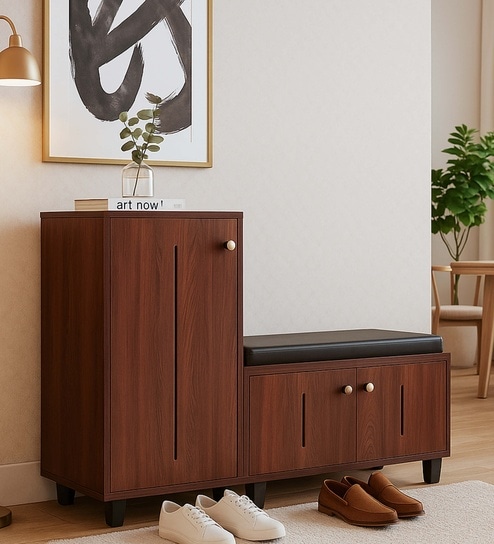 Sit & Stow 16-Pairs Shoe Cabinet In Walnut Finish With Seating
