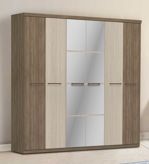 Six Door Wardrobe With Mirror In Walnut And Almond Finish By Primorati