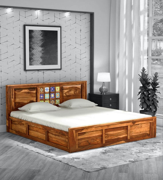 Buy Siramika Solid Wood King Size Bed With Storage In Rustic Teak Finish Mudramark By