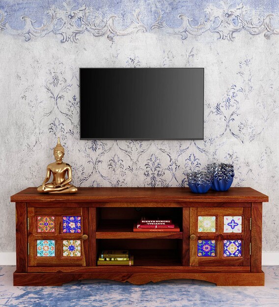 Buy Siramika Solid Wood Sheesham Wood TV Console in Honey Oak Finish