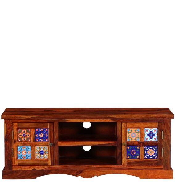 Buy Siramika Solid Wood Sheesham Wood TV Console in Honey Oak Finish