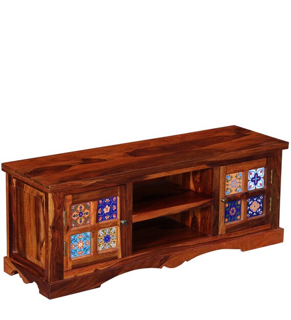 Buy Siramika Solid Wood Sheesham Wood TV Console in Honey Oak Finish