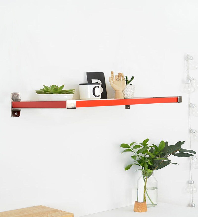Buy Solid Wood Fixed Bracket Wall Shelf with Satin Silver Brackets in