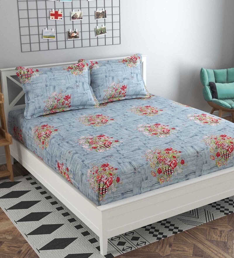 Buy Silver Floral TC 160 Cotton Double Bed Sheet With 2 Pillow Covers