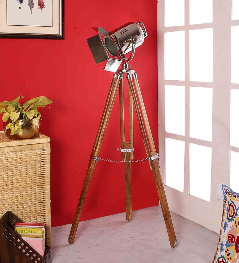 Buy Black Metal Shade Tripod Floor Lamp With Teak wood Base By Pristine