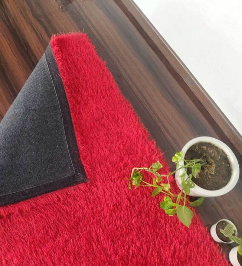 Buy Red Shaggy Polyester 3 ft x 5 ft Shaggy Carpet by Loomkart Online