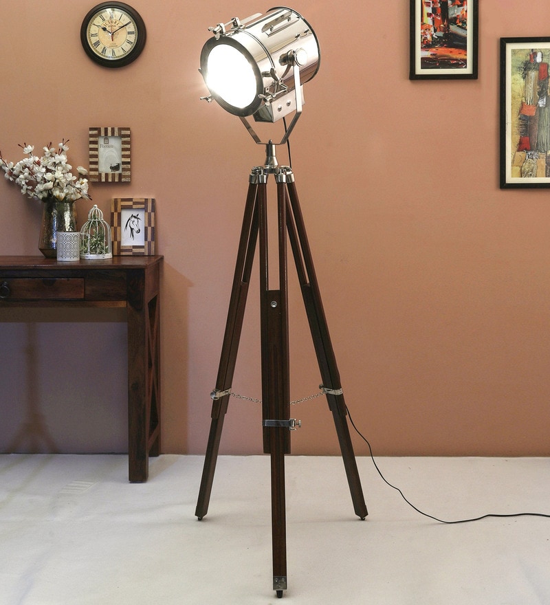 Buy Silver Metal Shade Tripod Floor Lamp with Brown Base by Beverly