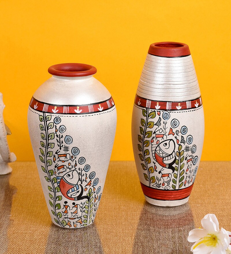 Buy Silver Table Terracotta Vases (Set Of 2) by Aakriti Art Creations