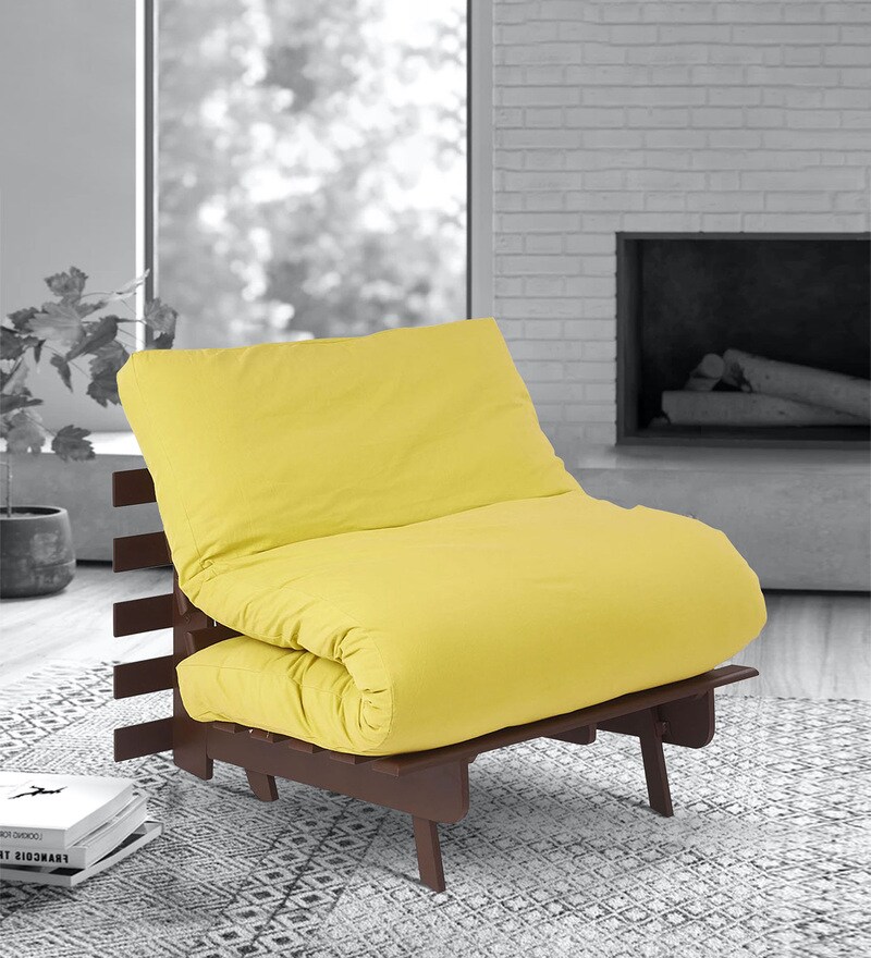Buy Single Futon Sofa cum Bed with Mattress in Lemon Yellow Colour by ARRA Online Single