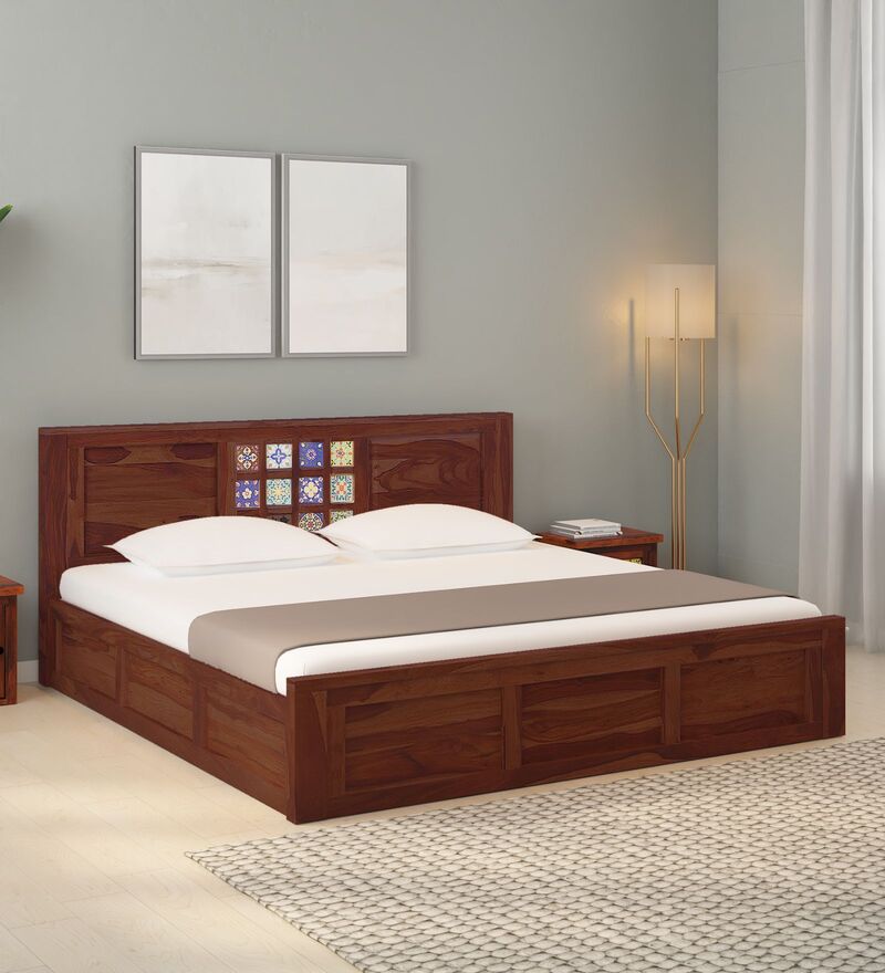 Buy Siramika Sheesham Wood King Size Bed In Provincial Teak Finish With ...