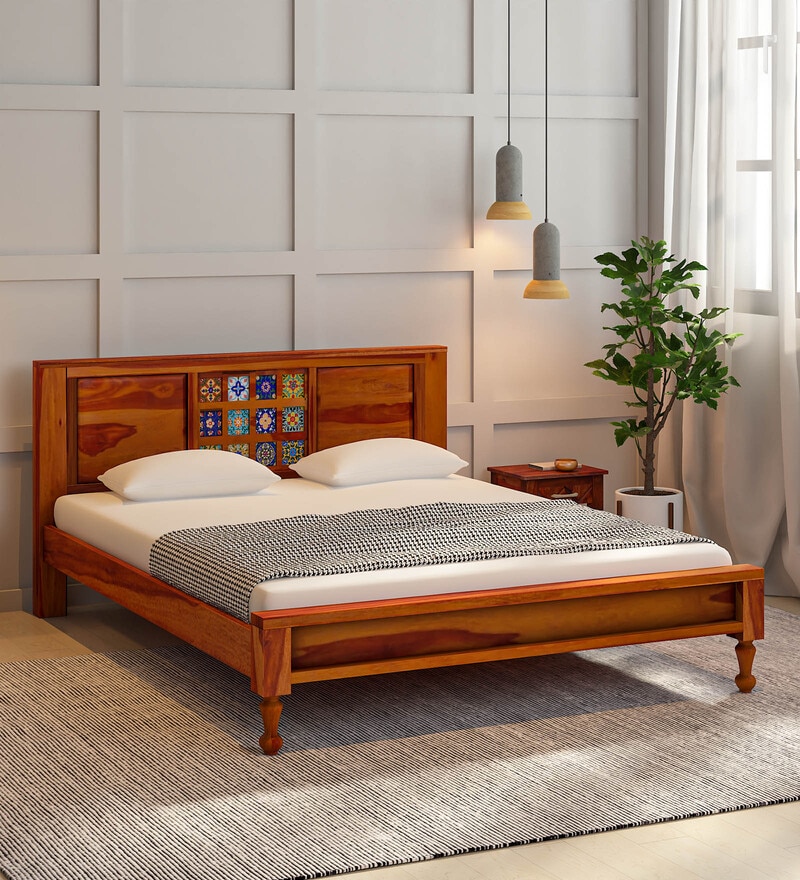 Buy Siramika Sheesham Wood Queen Size Bed In Honey Oak Finish By ...