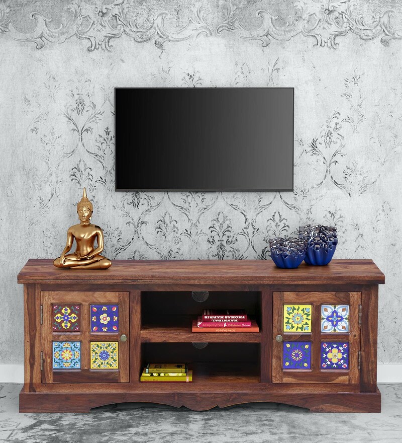 Buy Siramika Solid Wood Sheesham Wood TV Console in Rustic Teak Finish