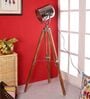 Kepler Silver Metal Shade Tripod Floor Lamp With Teak wood Base
