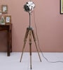Short Silver Metal Shade Tripod Floor Lamp With Wood Base