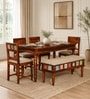 Siramika Sheesham Wood 6 Seater Dining Set In Honey Oak Finish With Cushioned Bench Siramika Sheesham Wood 6 Seater Dining Set In Honey Oak Finish With Cushioned Bench