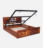Siramika Sheesham Wood Queen Size Bed In Honey Oak Finish With Hydraulic Storage