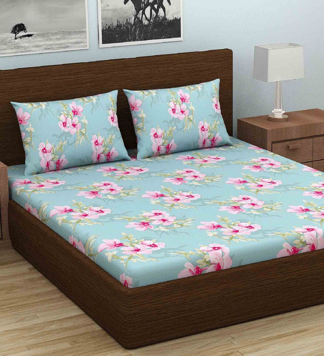 Buy Sky Blue Floral 100 TC Cotton Queen Sized Bedsheet with 2 Pillow