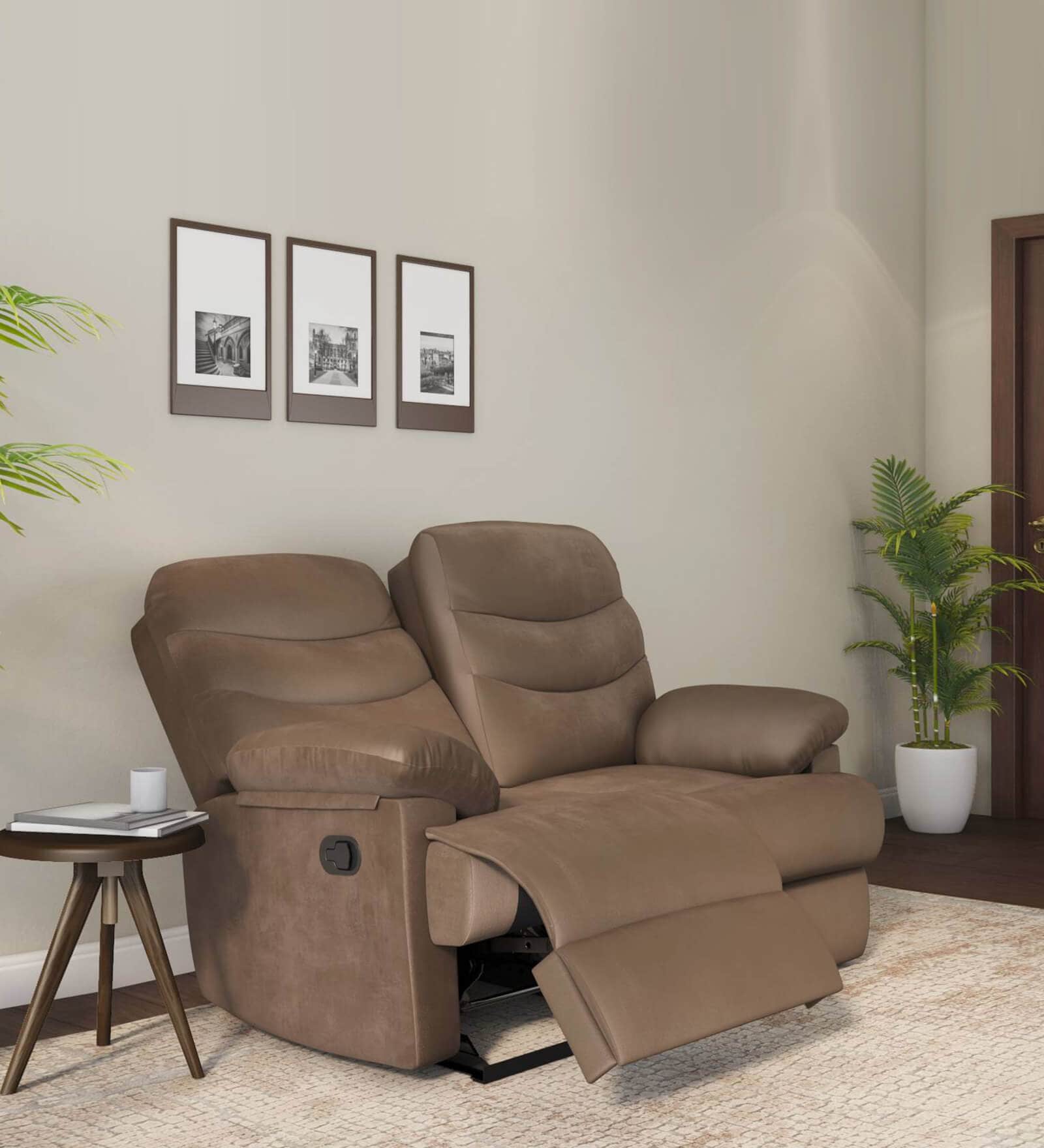 Skelton Fabric 2 Seater Recliner In Velvet Brown Finish