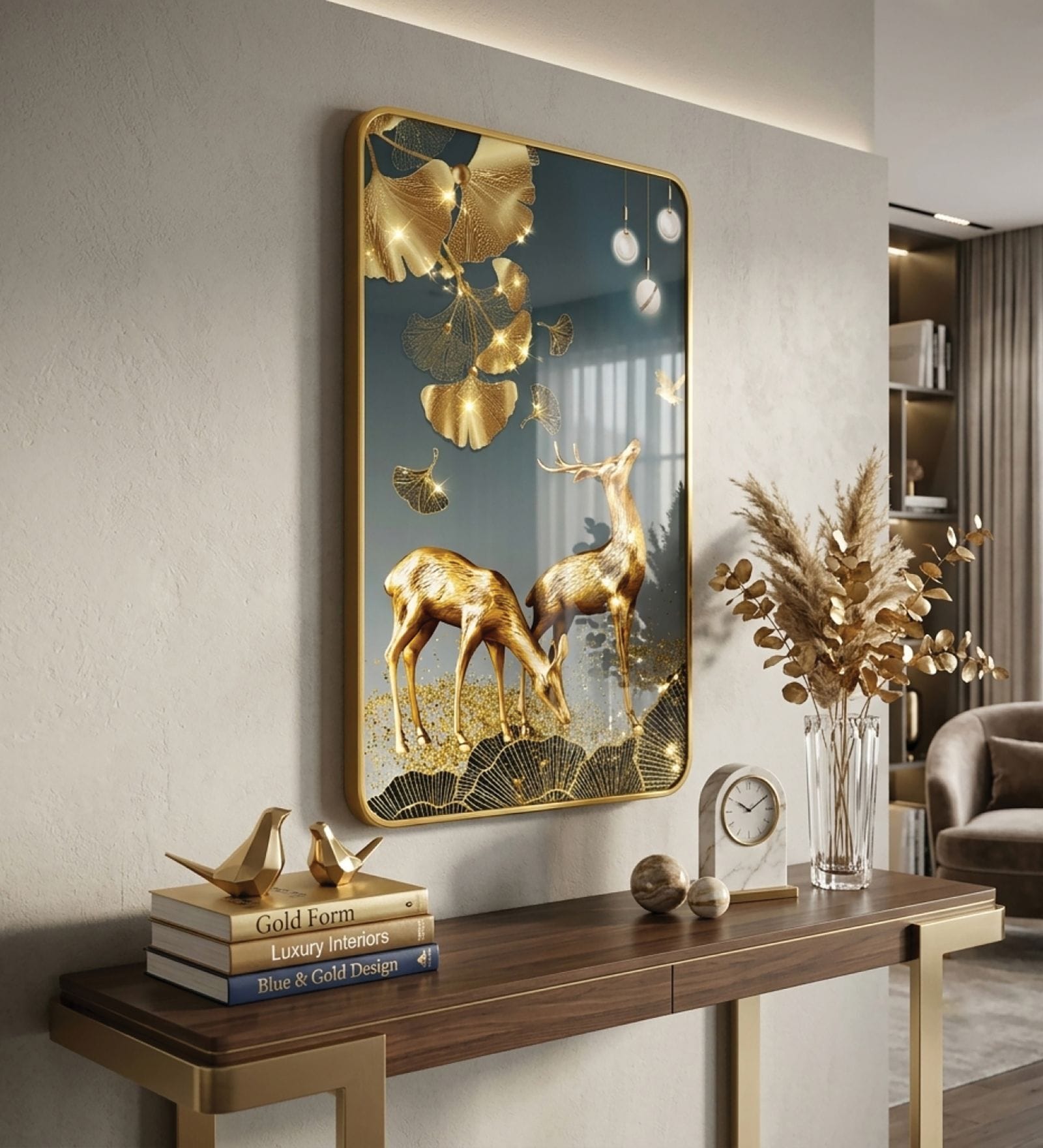 Sky Blue & Gold Deer Rectangular Wall Art 12 x 18 Inch