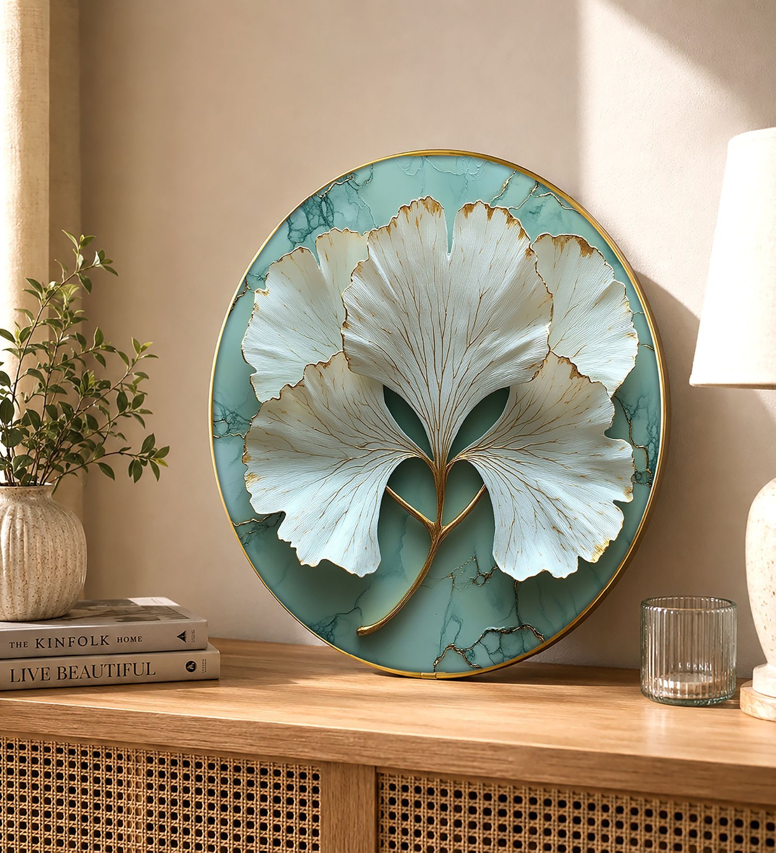 Sky Blue & White Flower Round Wall Art 15 Inch
