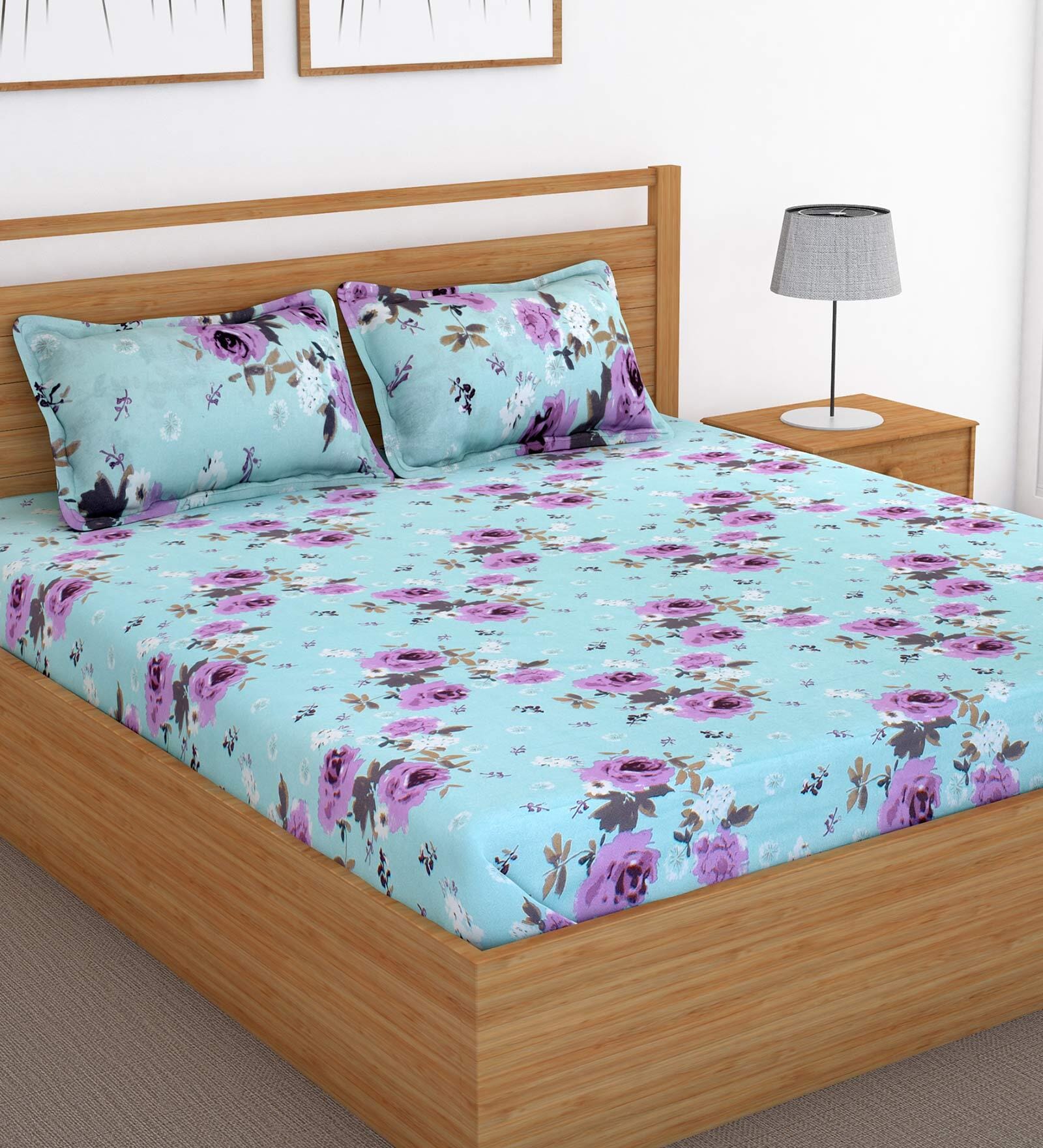 Buy Light Blue Floral 120 Tc Cotton Queen Sized Bed Sheets With 2