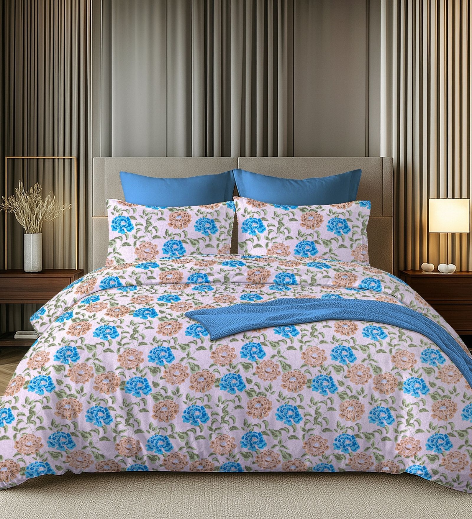 Sky Blue 144TC Cotton Flat Super King Bedsheet with 2 Pillow Covers