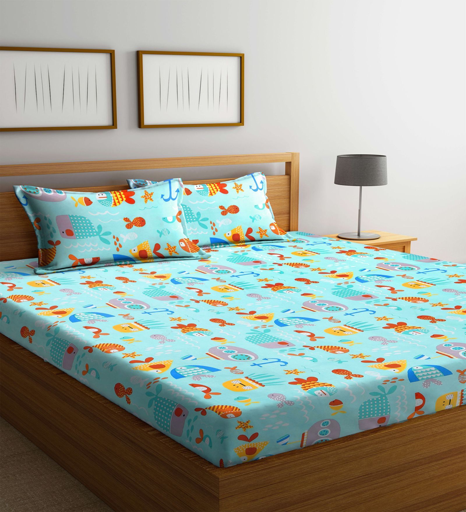 Sky Blue Wildlife 300 TC Cotton Blend Double Queen Size Bedsheet With 2 Pillow Covers