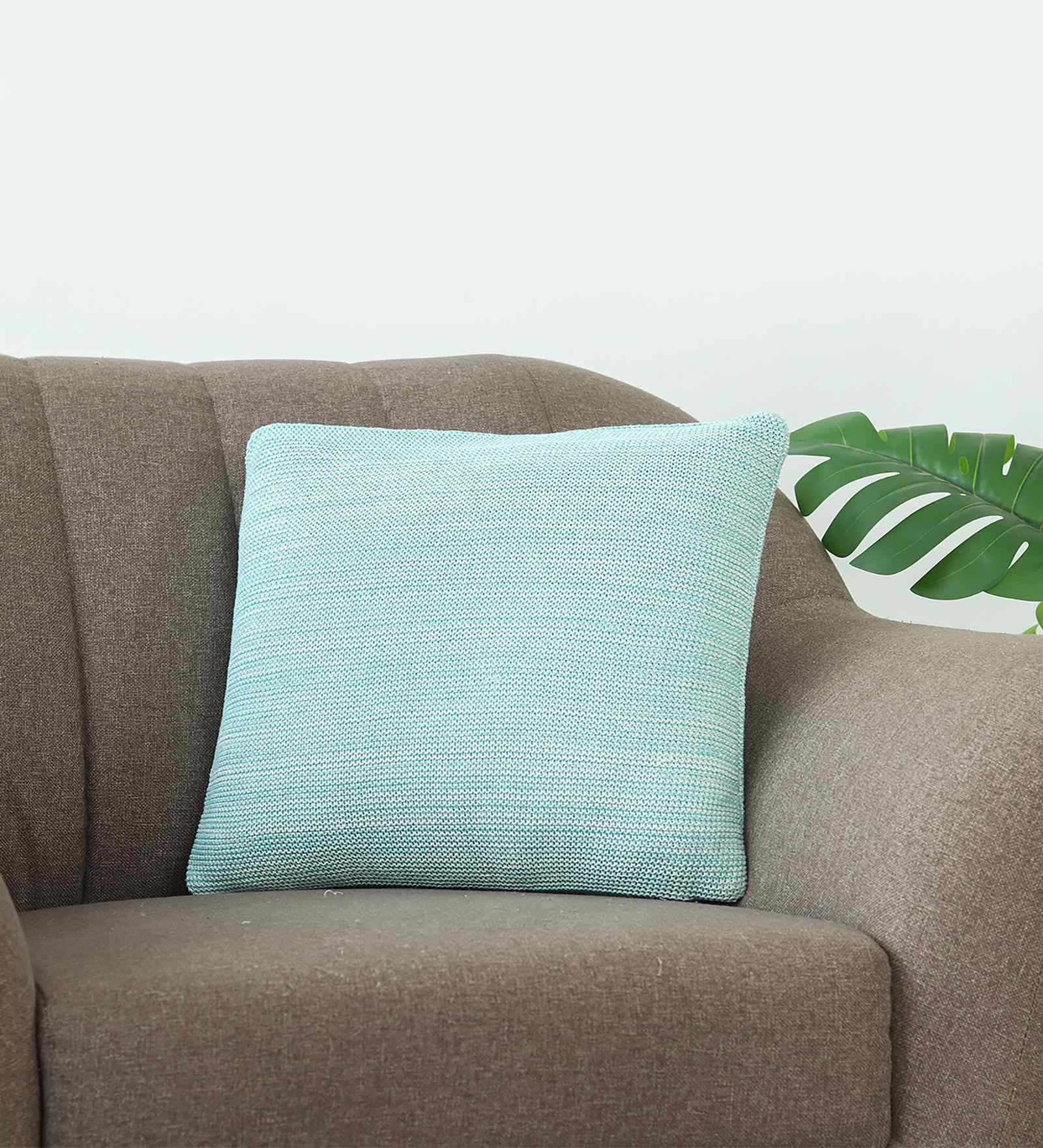 Sky Blue And Natural 100% Cotton Moss 16X16 Inches Knitted Cushion Cover