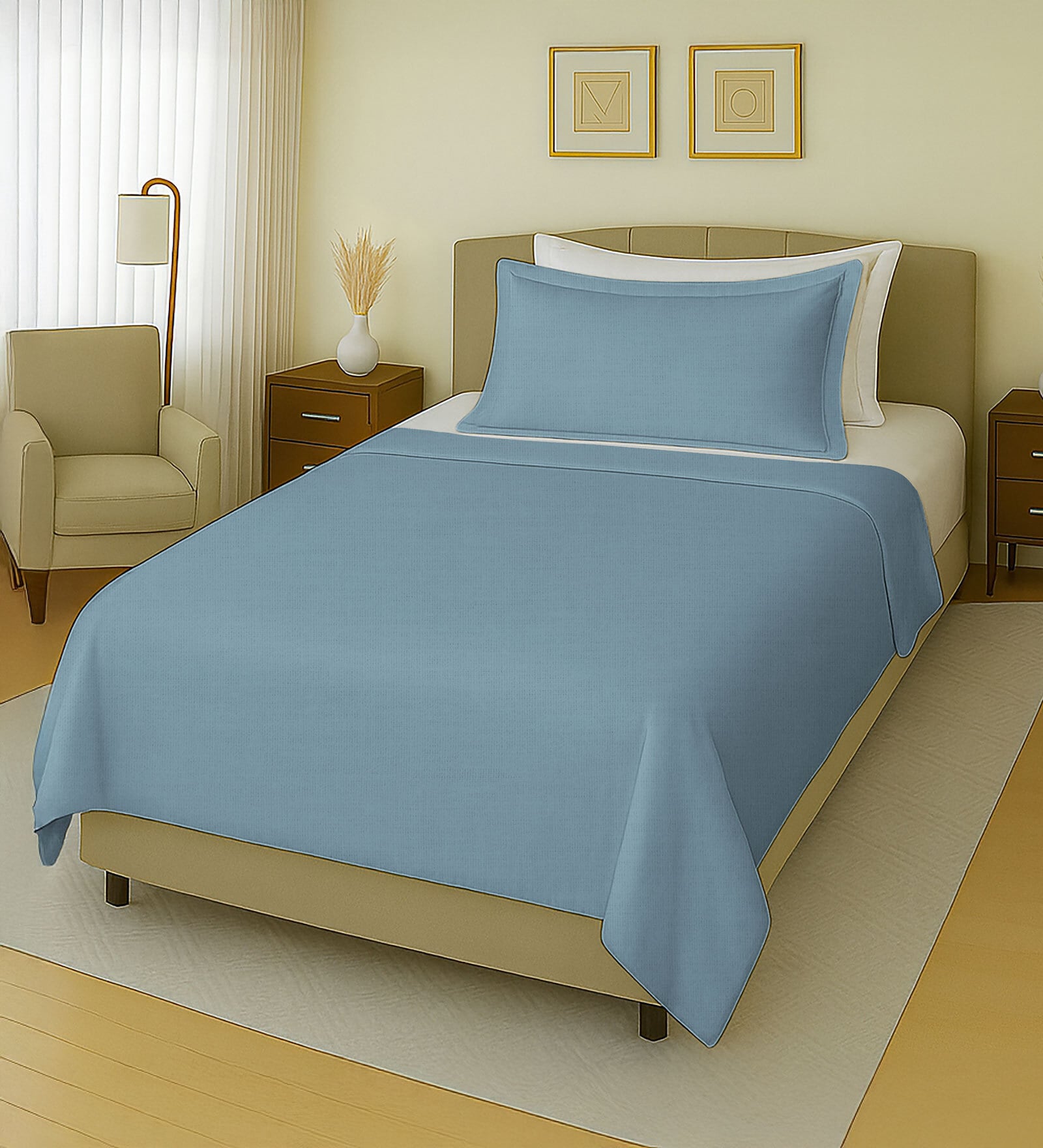 Sky Blue Cotton 1 Single Bedsheet with 1 Pillow Cover