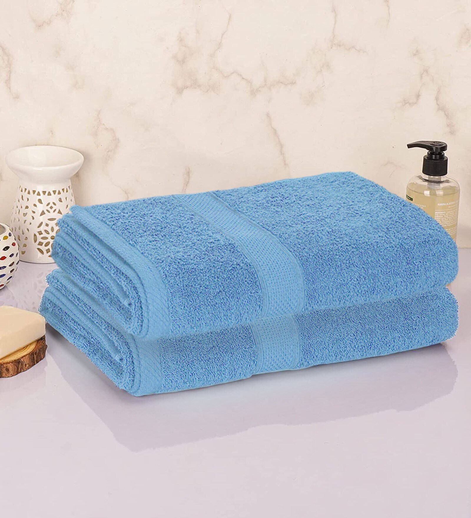 Sky Blue Cotton Solid 330 GSM Bath Towels (Set of 2)