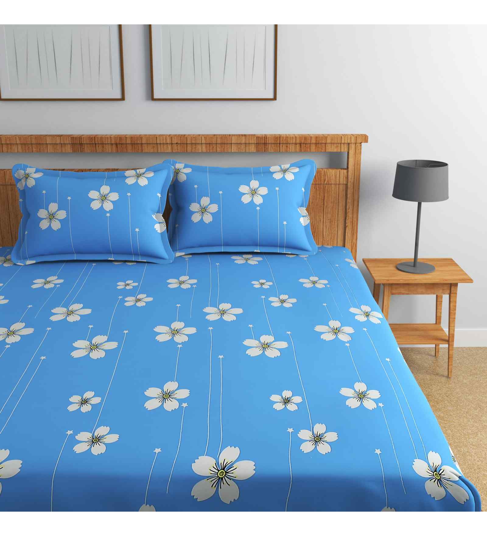 Sky Blue Floral 144 TC Cotton Queen Sized Bedsheet Bedsheet 2 Pillow Rose Collection
