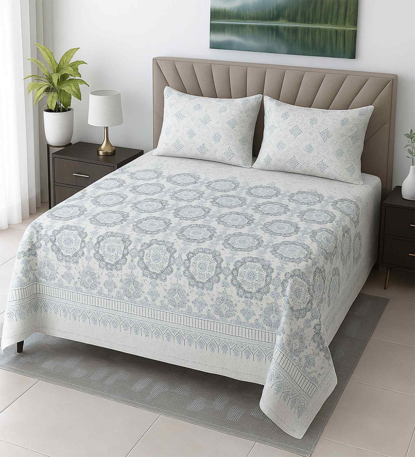 Sky Blue Floral 400 TC Cotton Queen Size Bedsheet with 2 Pillow covers Essential Series Collection