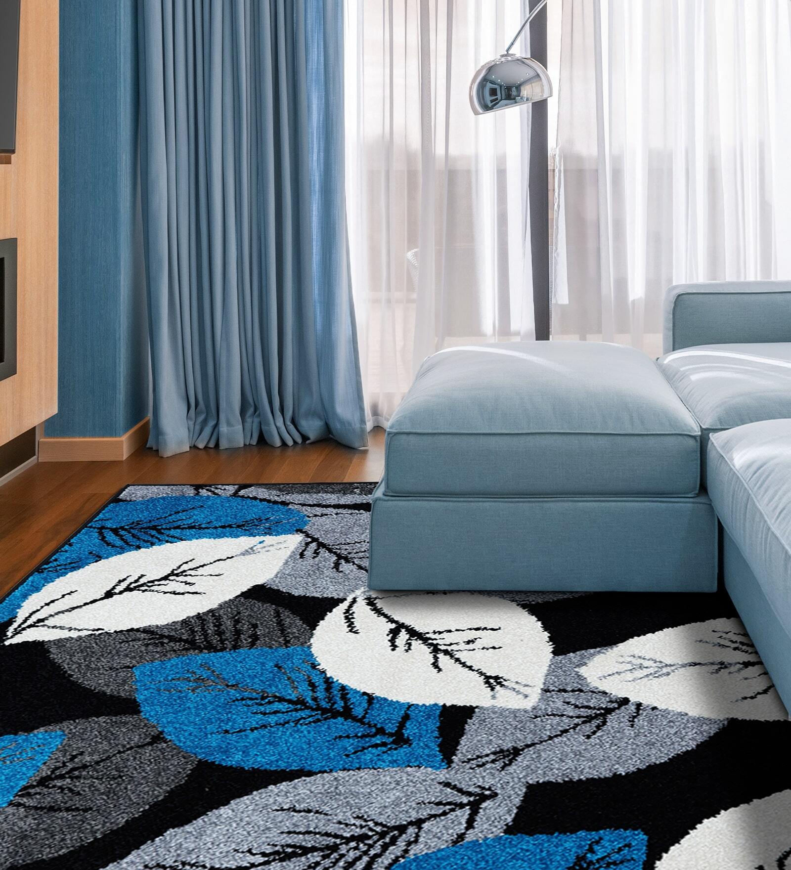 Sky Blue Floral Polyester 3 x 5 Feet Machine Made Carpet