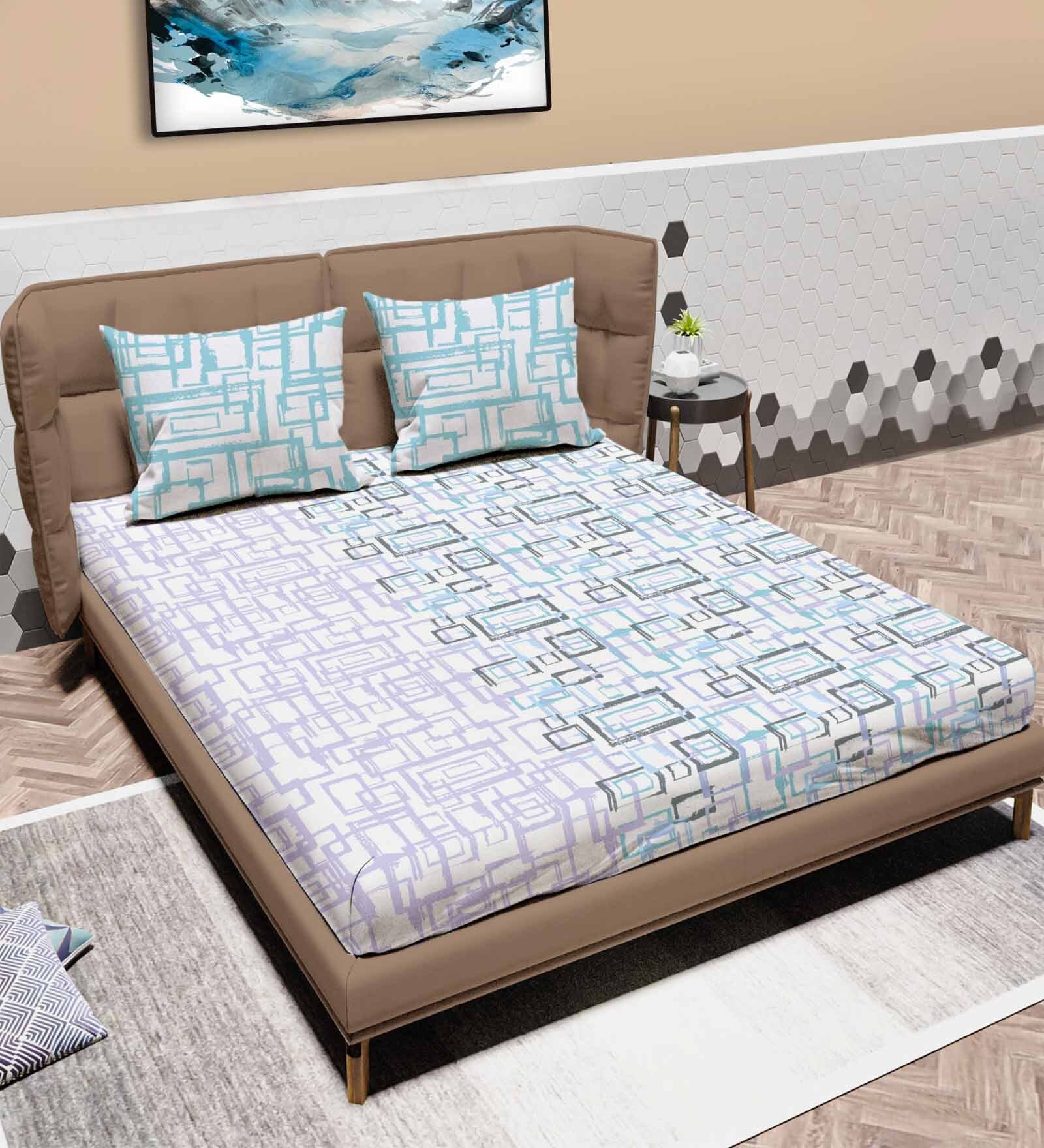 Sky Blue Geometric 120 TC Cotton King Sized Double Bedsheet with 2 Pillow Covers Glenn SS23 Collection Sky Blue Geometric 120 TC Cotton King Sized Double Bedsheet with 2 Pillow Covers Glenn SS23 Collection