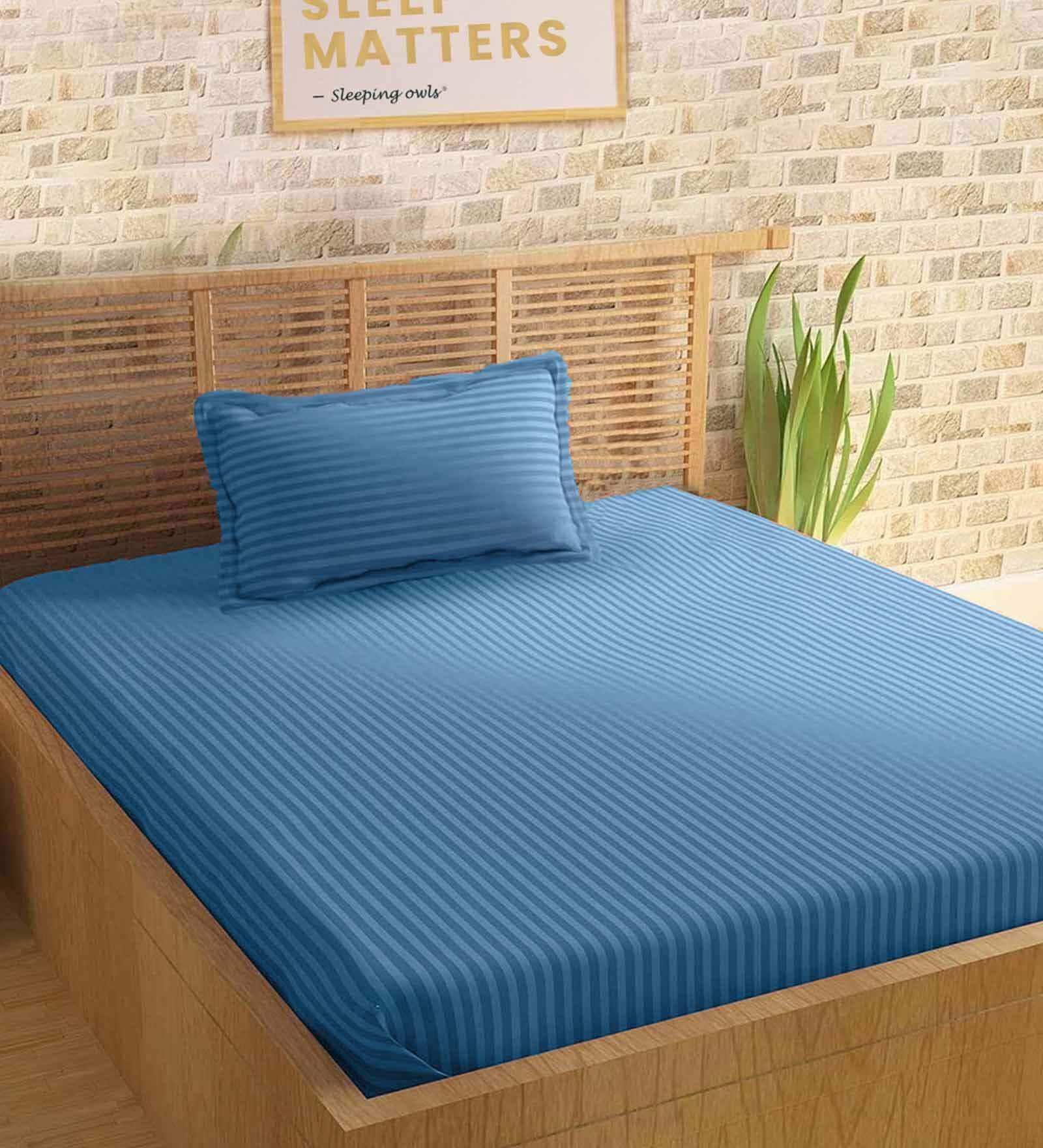 Sky Blue Striped 210 TC 100% Cotton Single Bed Sized Bed Sheets With 1 Pillow Cover