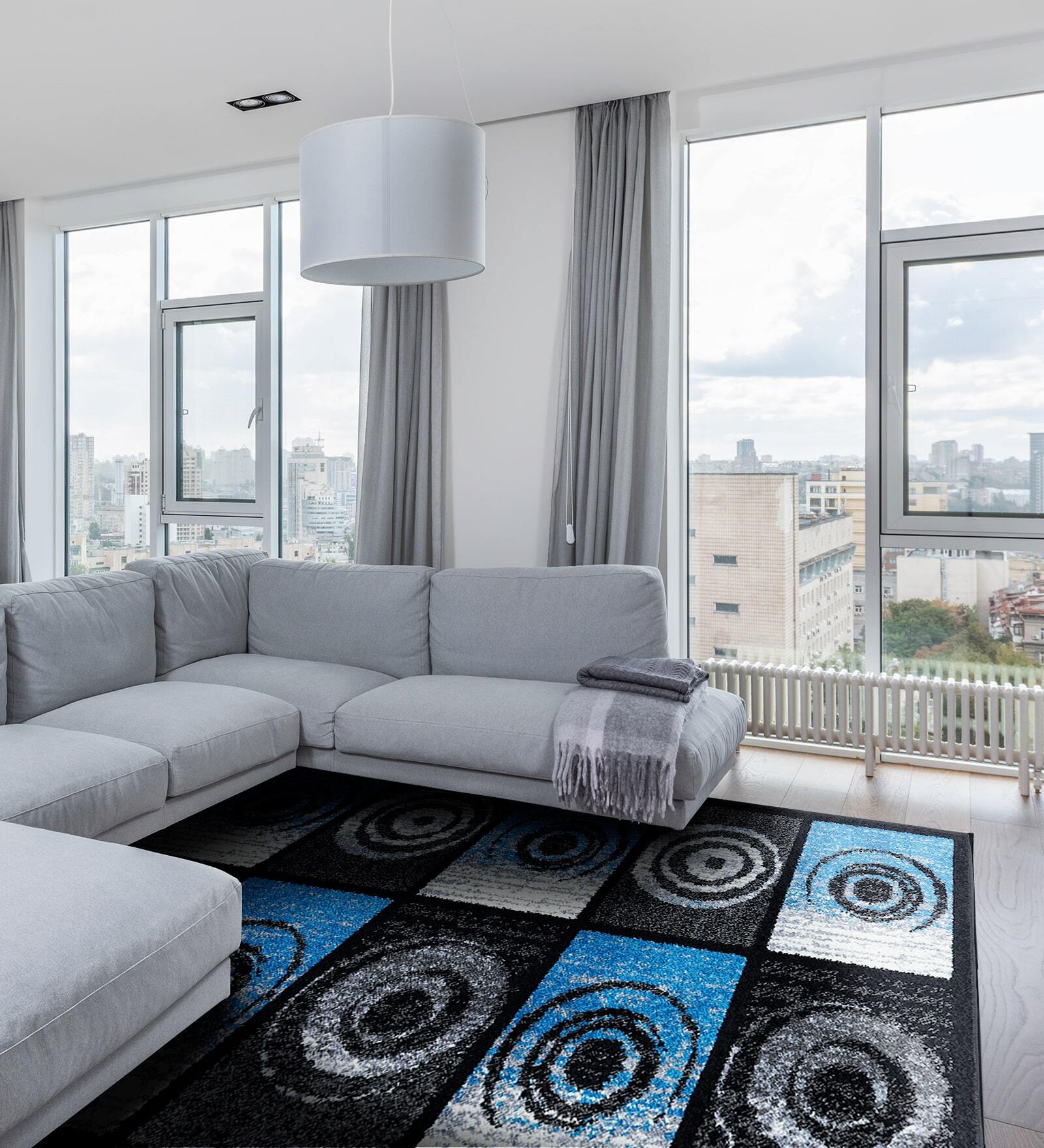 Sky Blue Geometrical Polyester 3 x 5 Feet Machine Made Carpet