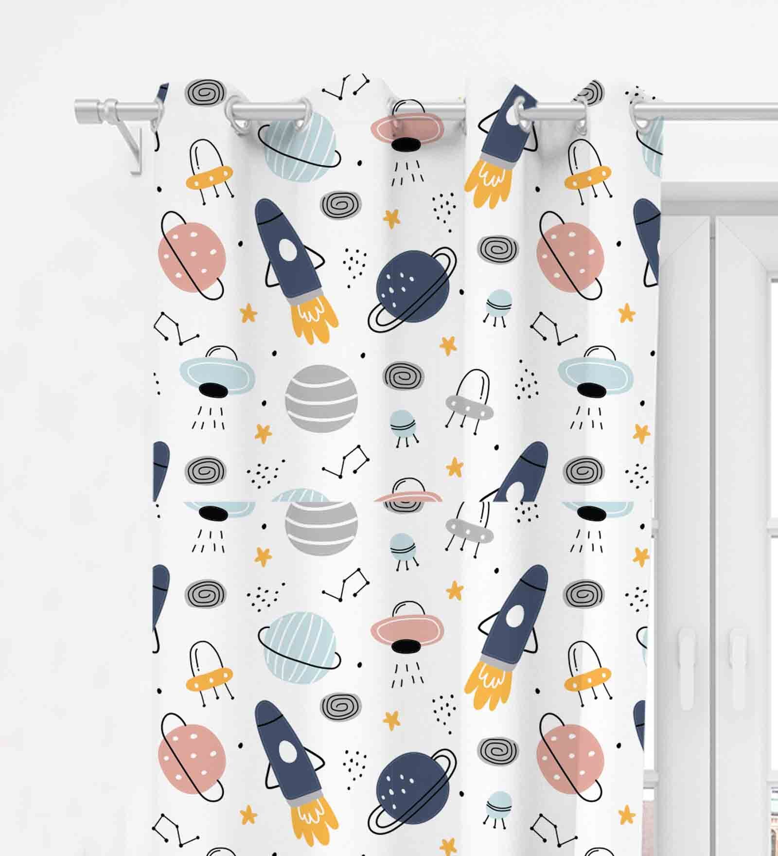 Multicolor Blue Polyester Abstract 5Ft Semisheer Eyelet 2 Pc Window Curtains