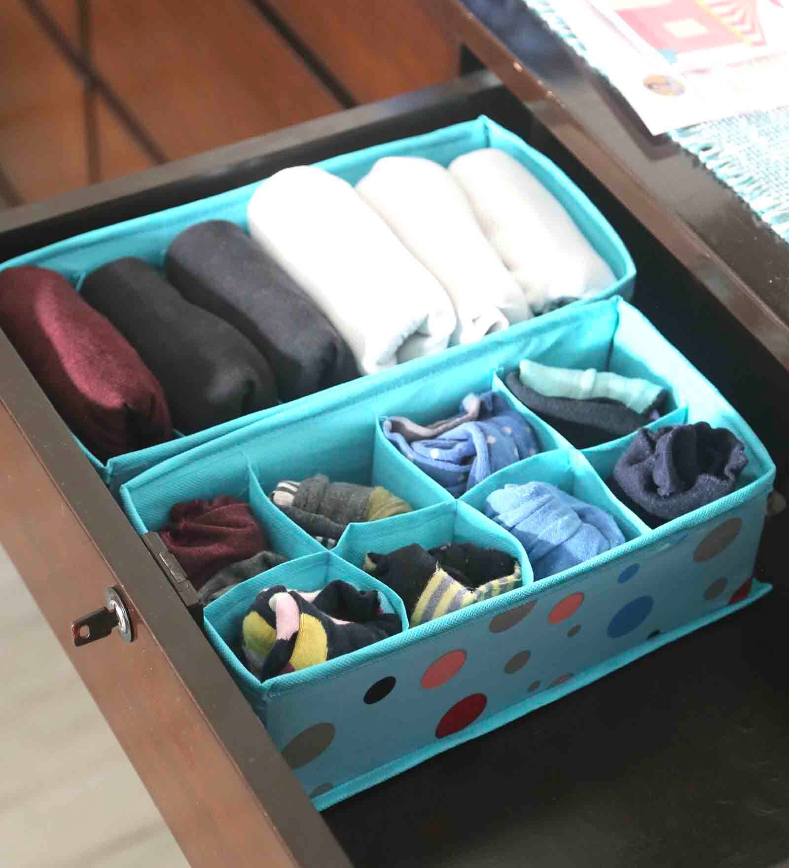 Buy Sky Blue Polyester Foldable Dotted Drawer Organiser (Set of 2) at ...