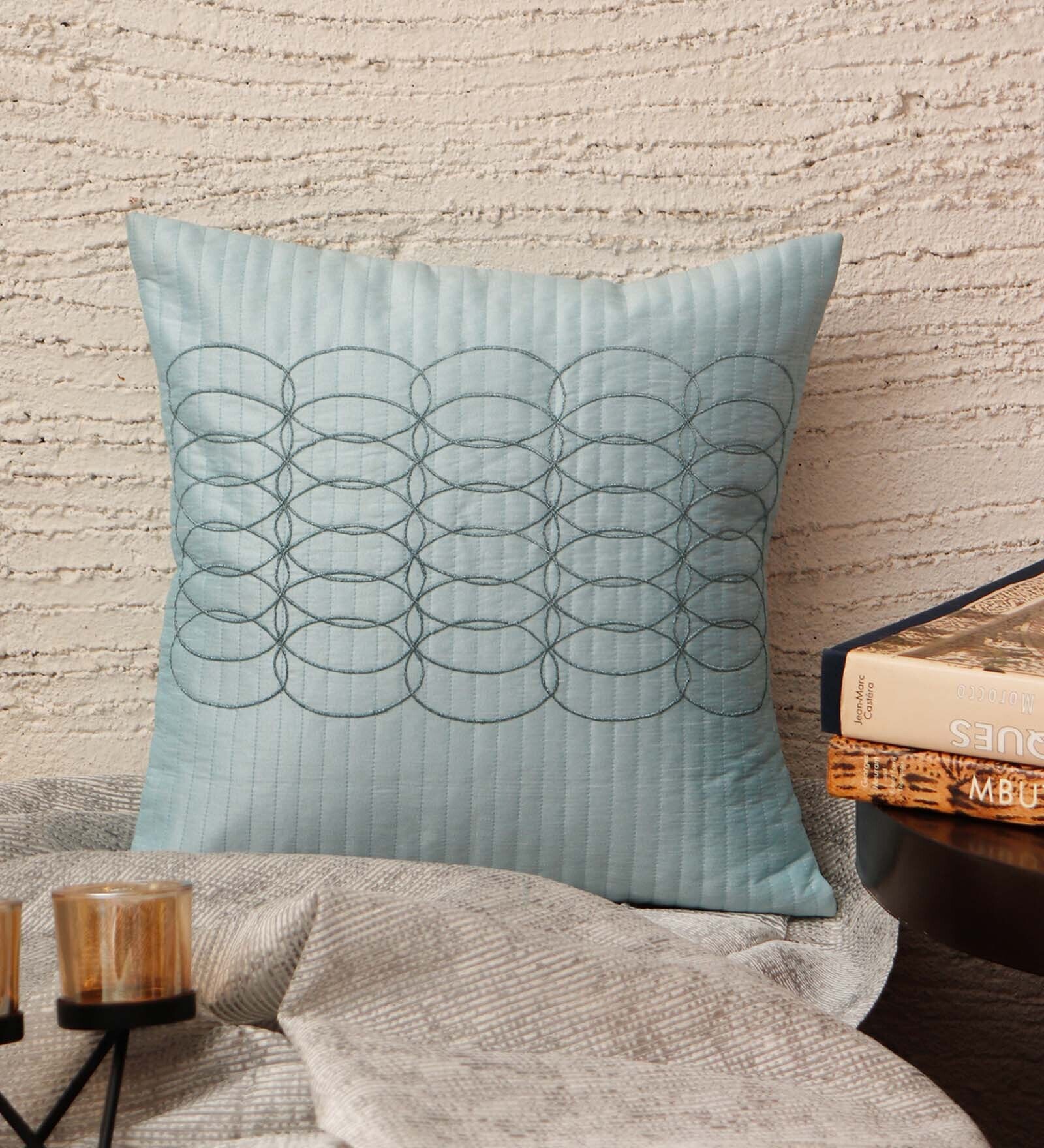 Sky Blue Textured Polyester 16 x 16 Inches Cushion Cover