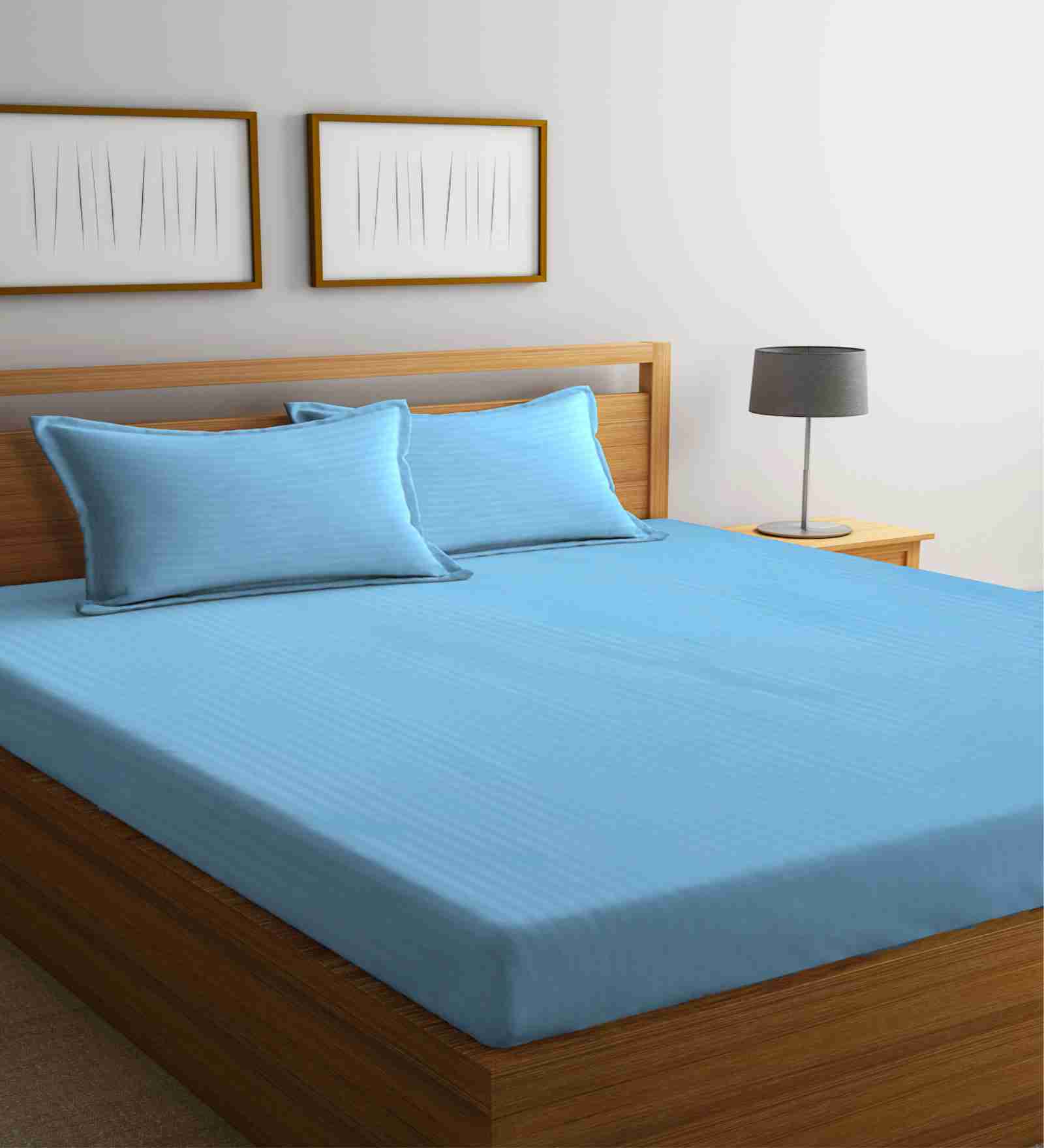 Sky Blue Striped 300 TC Cotton Blend 1 King Sized Double Bedsheet With 2 Pillow Covers