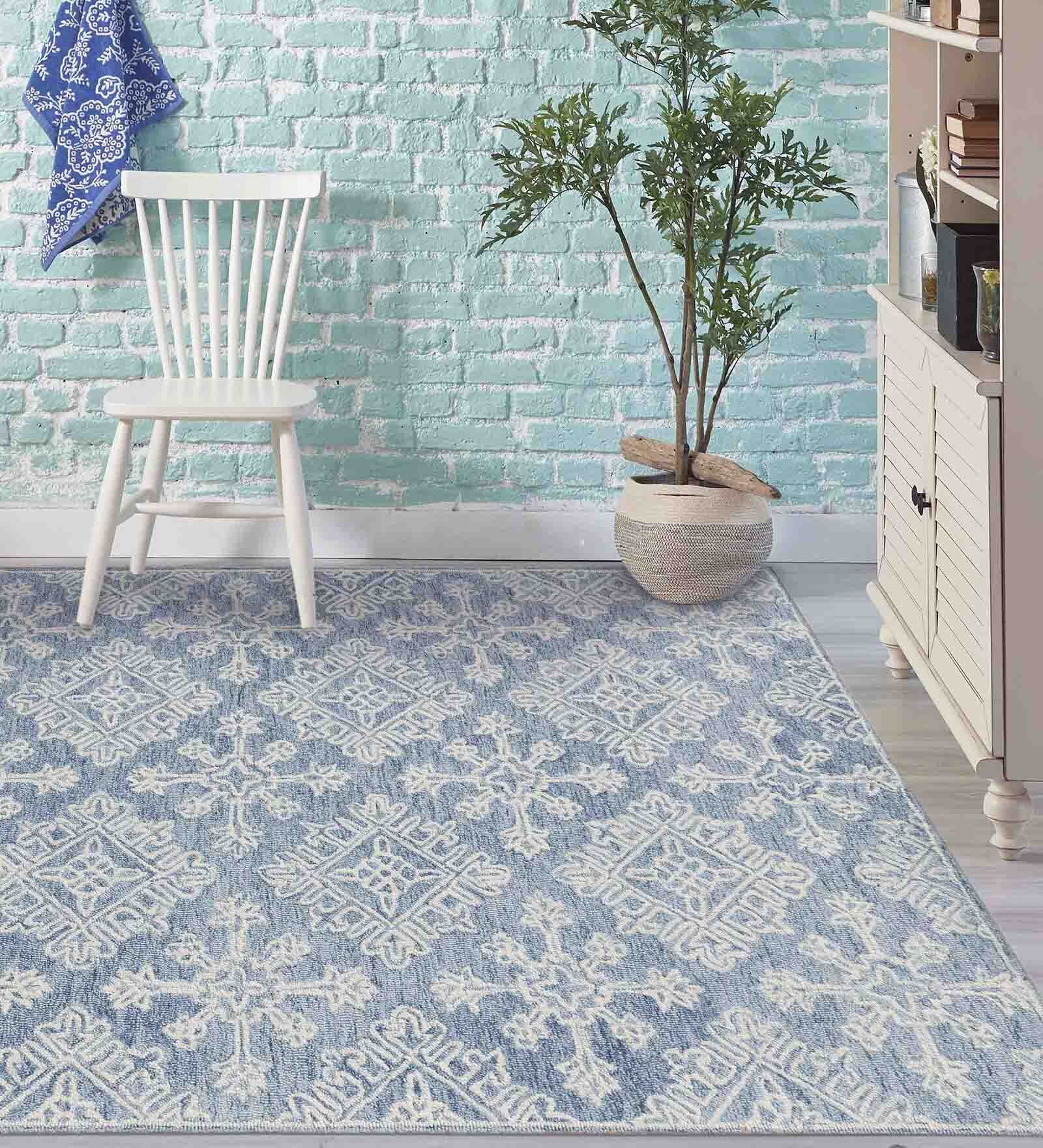 Blue Persian Wool And Viscose 5 ft x 7 ft Hand Tufted Carpet