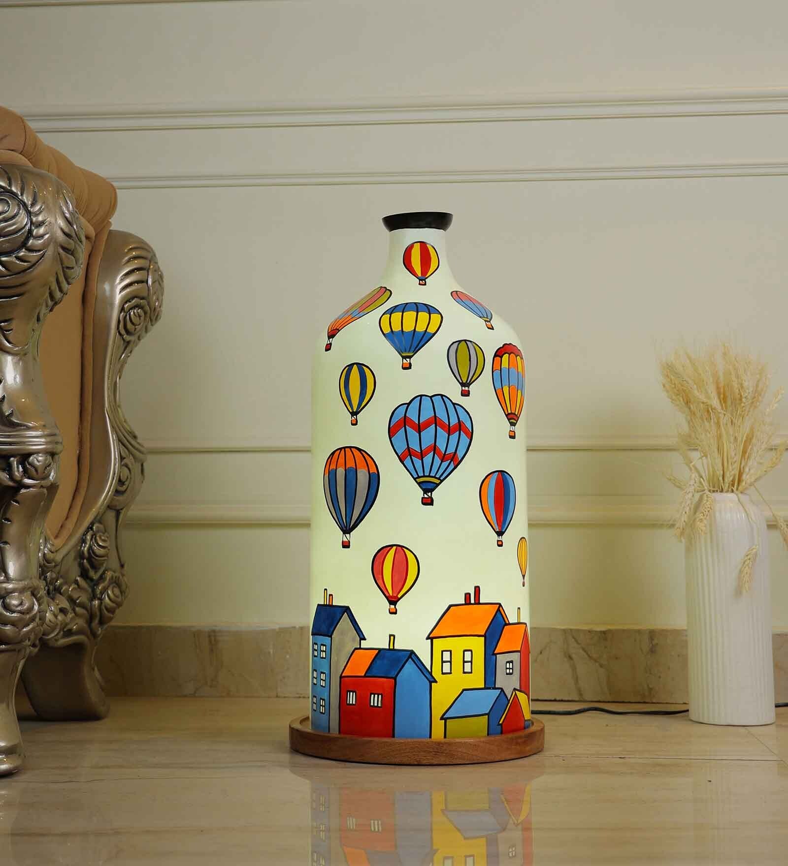 Sky Cruiser Hand Painted White Glass Shade Table Lamp
