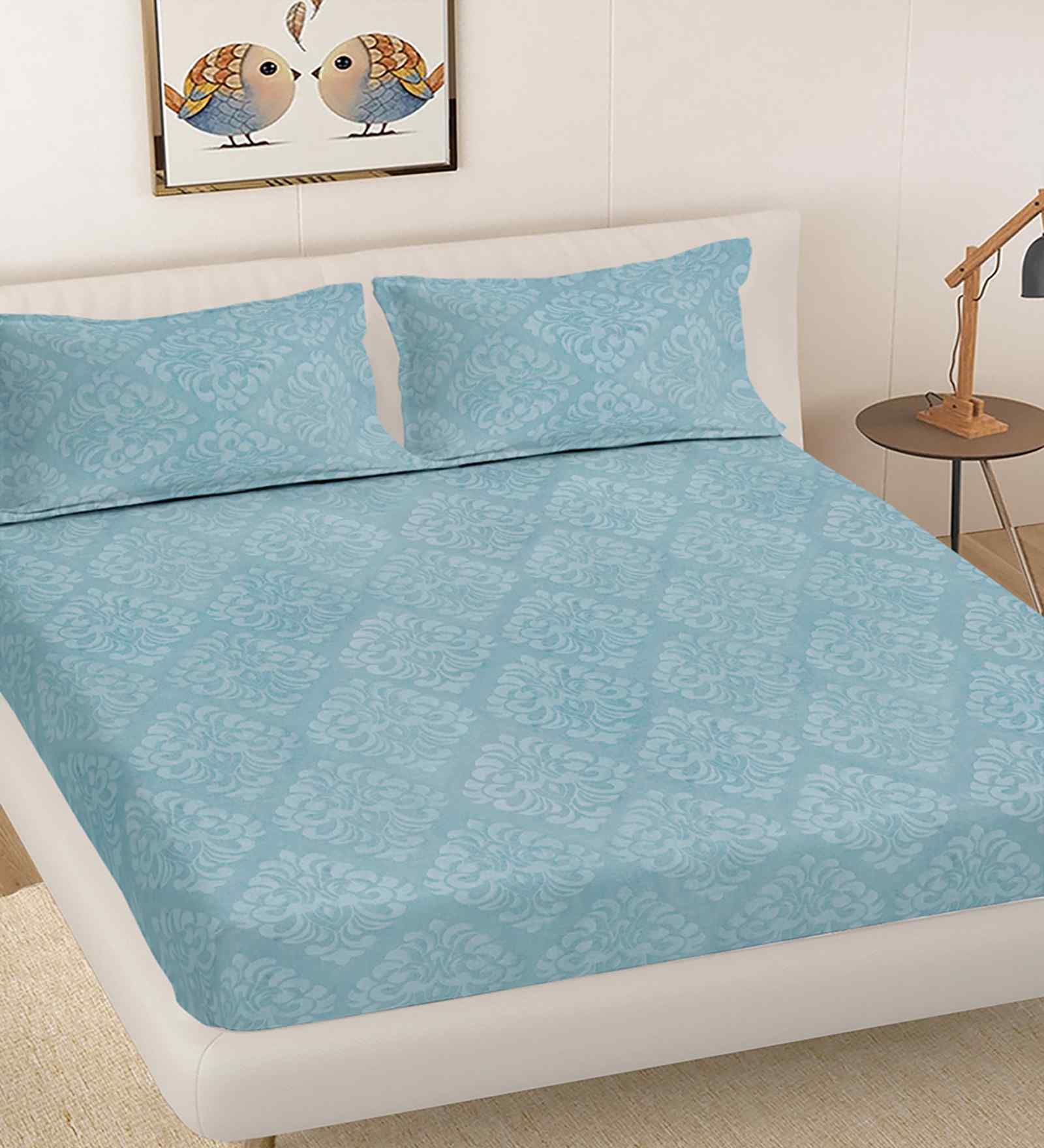 Sky Ethnic 300 TC Cotton Blend King Size Embossed Double Bedsheet with 2 Pillow Covers